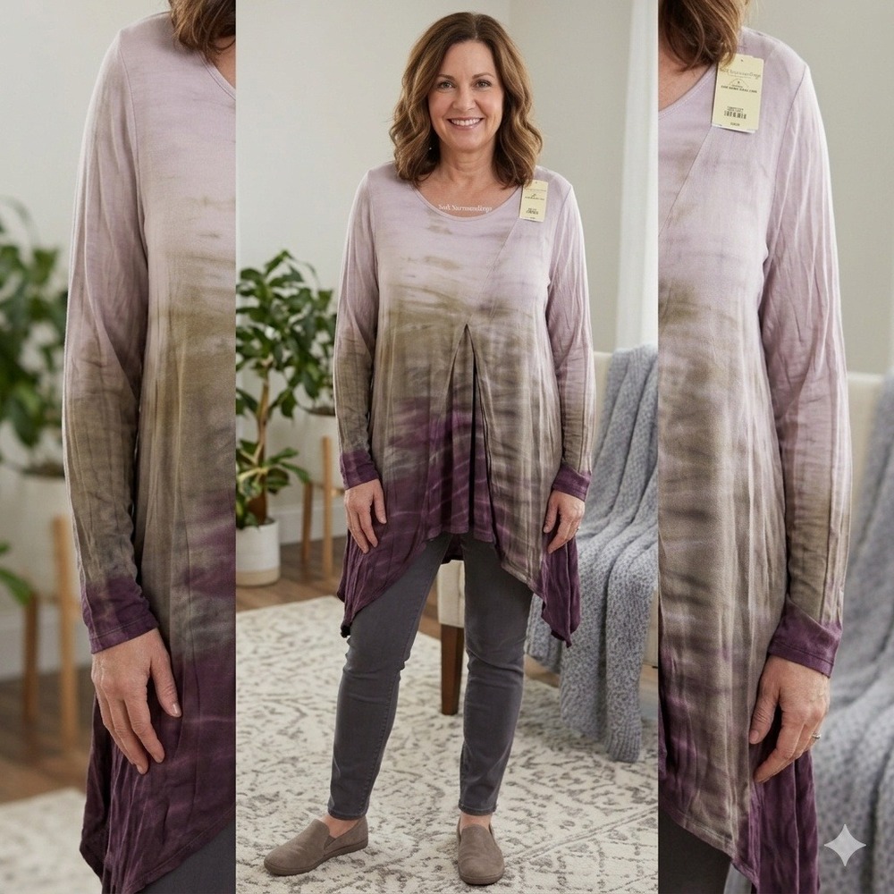 Soft Surroundings Ashbury‎ Tunic XL Purple Ombre Tie Dye Sharkbite Hem New